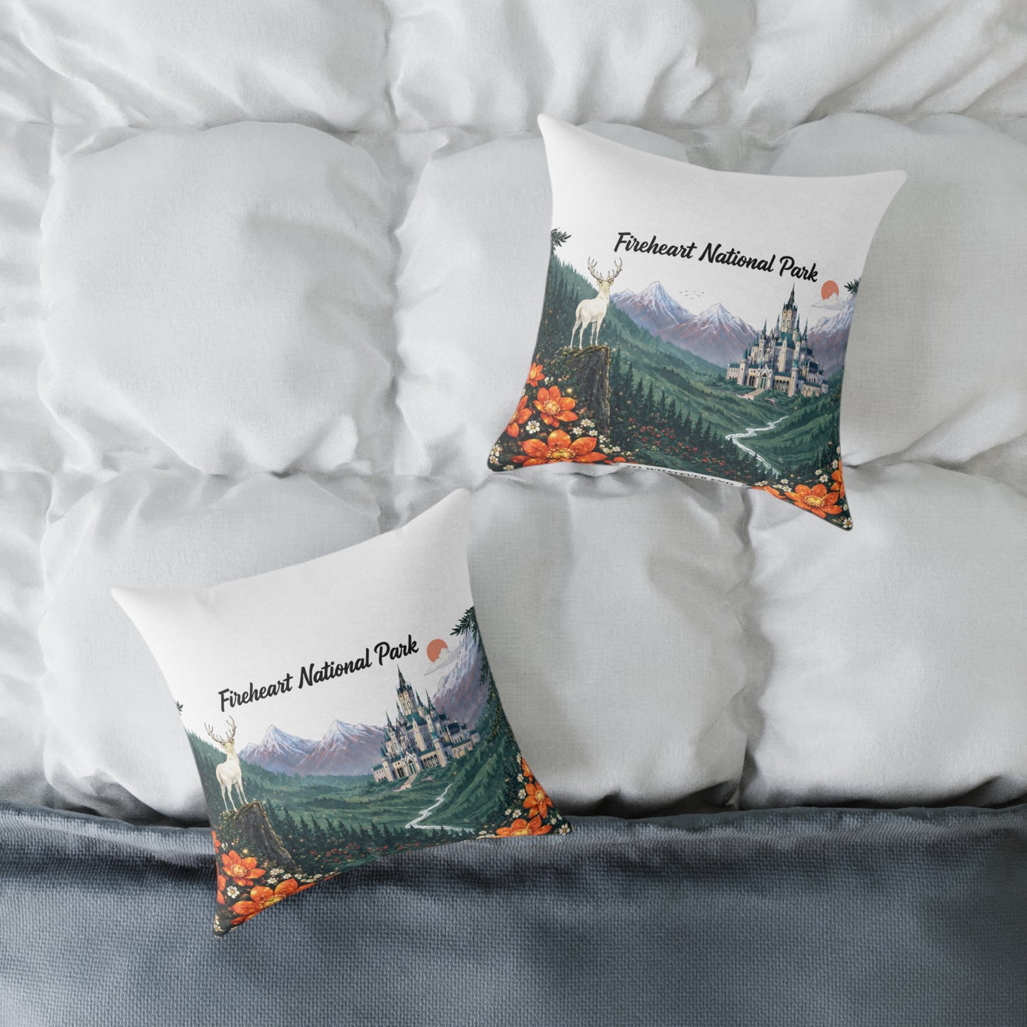 Fireheart National Park Square Canvas Pillow — White Stag & Ember Flower Fantasy Landscape Hiker & Reader Gift