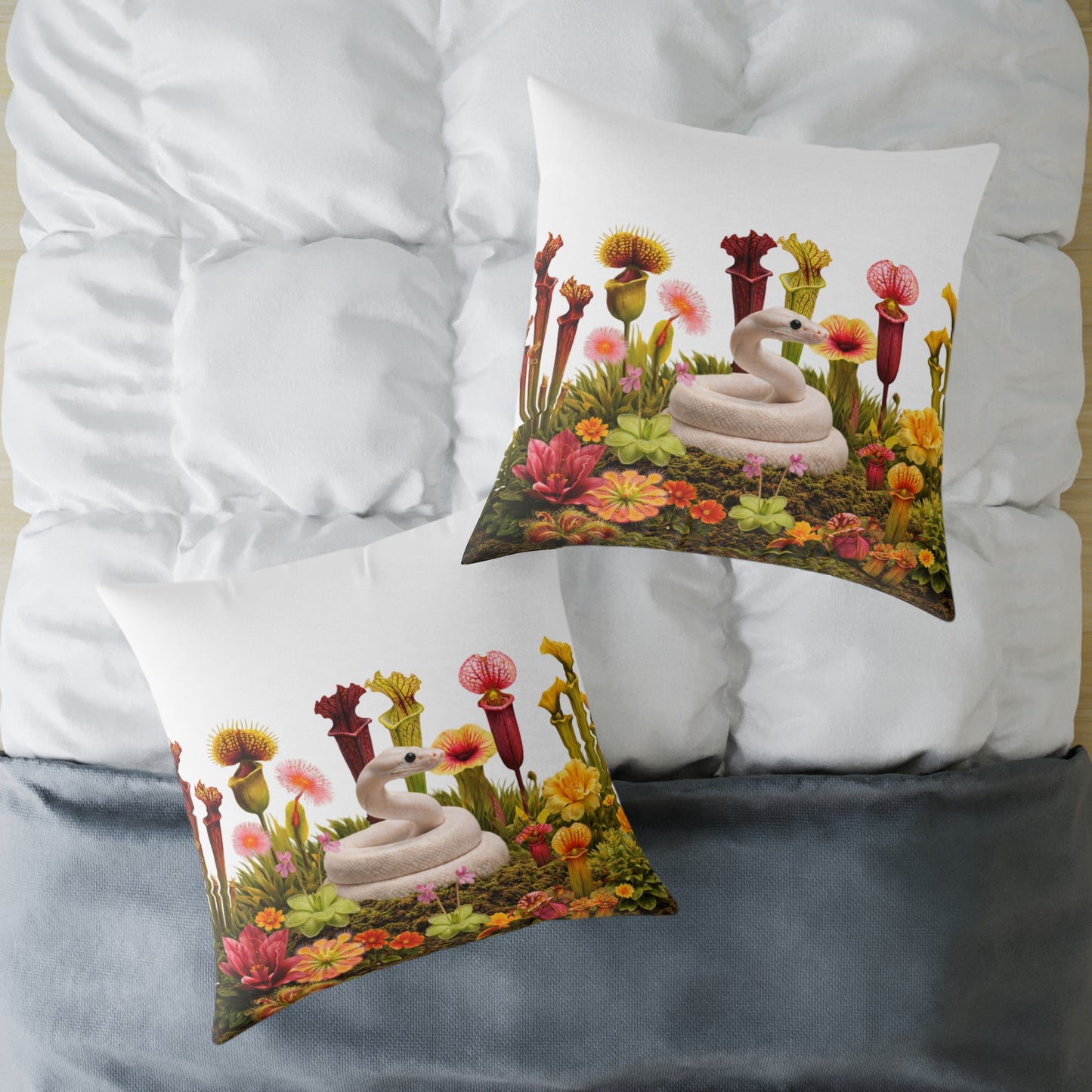 Ball Python & Carnivorous Plants Square Canvas Pillow — Reptile Lover Decorative Throw