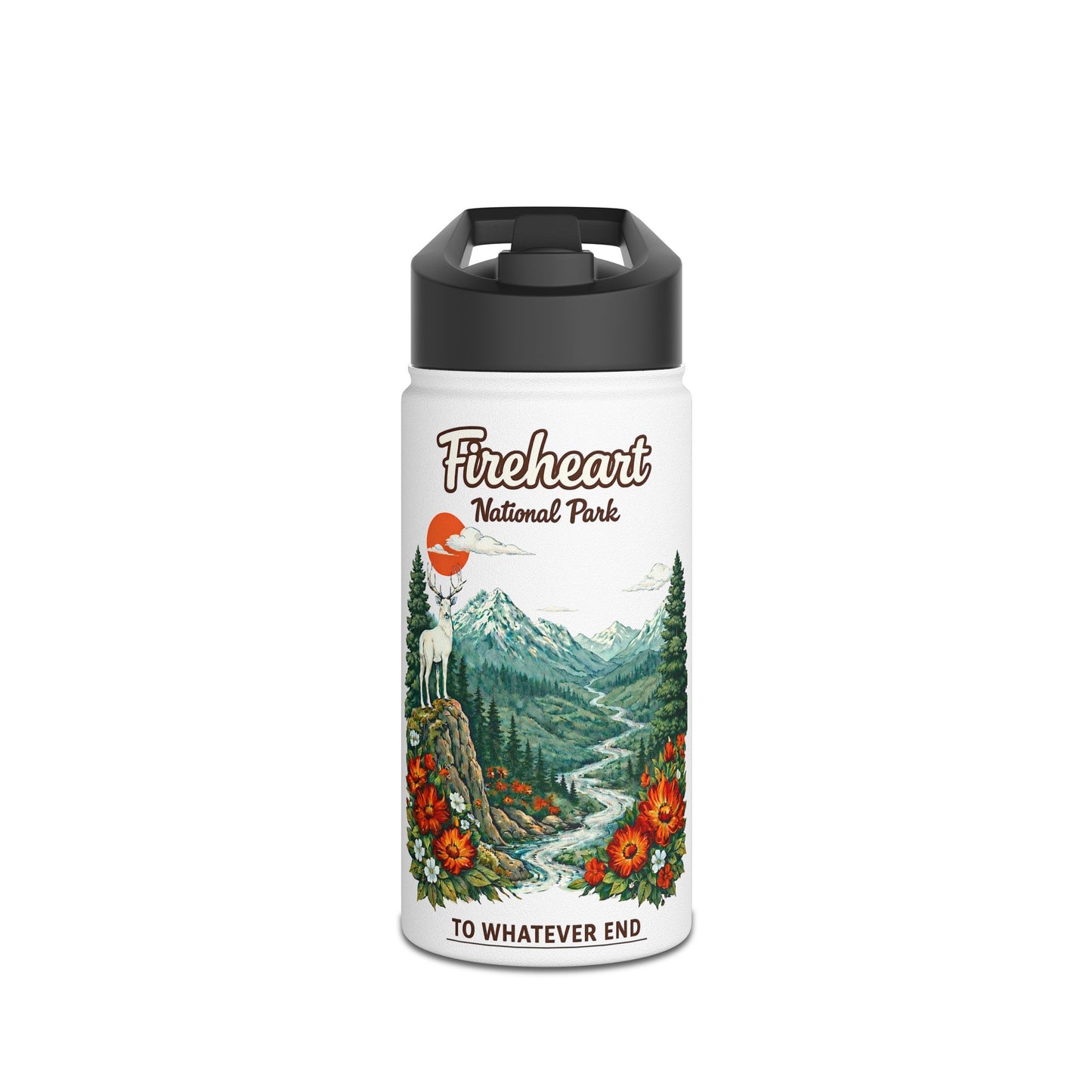 Fireheart National Park White Stag Mountain Scene Stainless Steel Water Bottle — National Park Forest Reader Gift