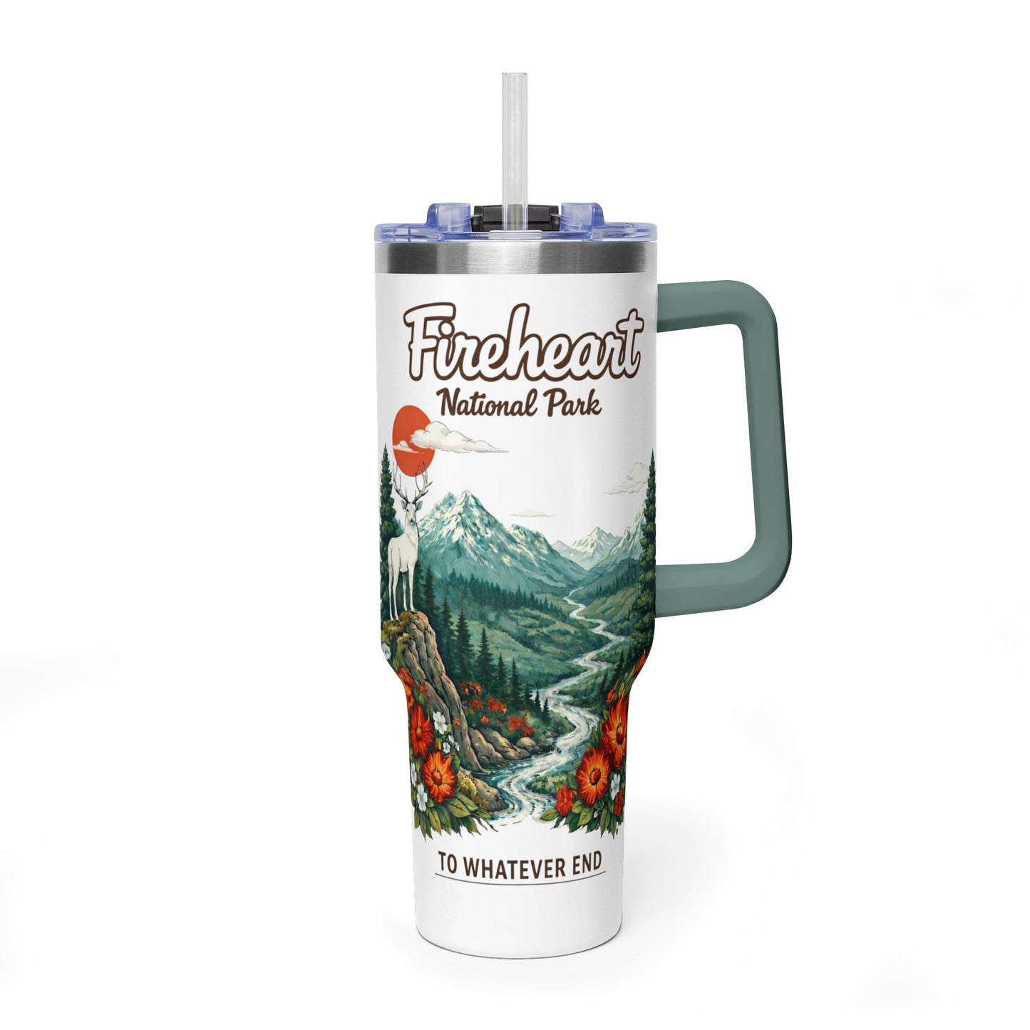 Fireheart National Forest 40oz Vacuum Tumbler — To Whatever End White Stag Design