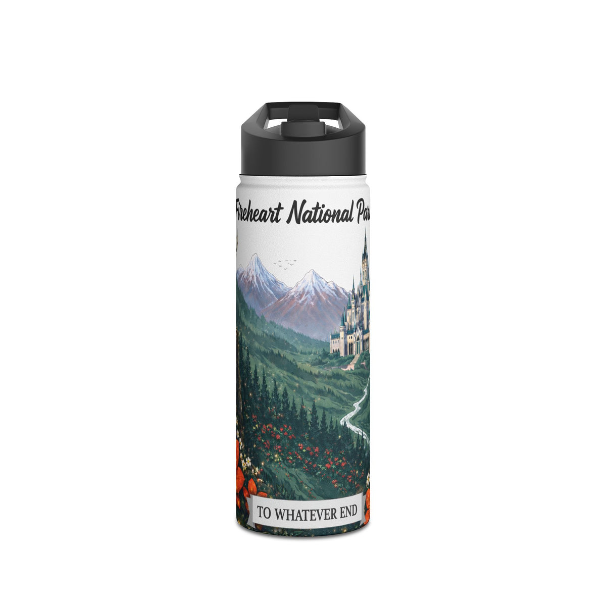 Fantasy Stag Crest & Mountain Scene Stainless Steel Water Bottle — National Park Forest Reader Gift