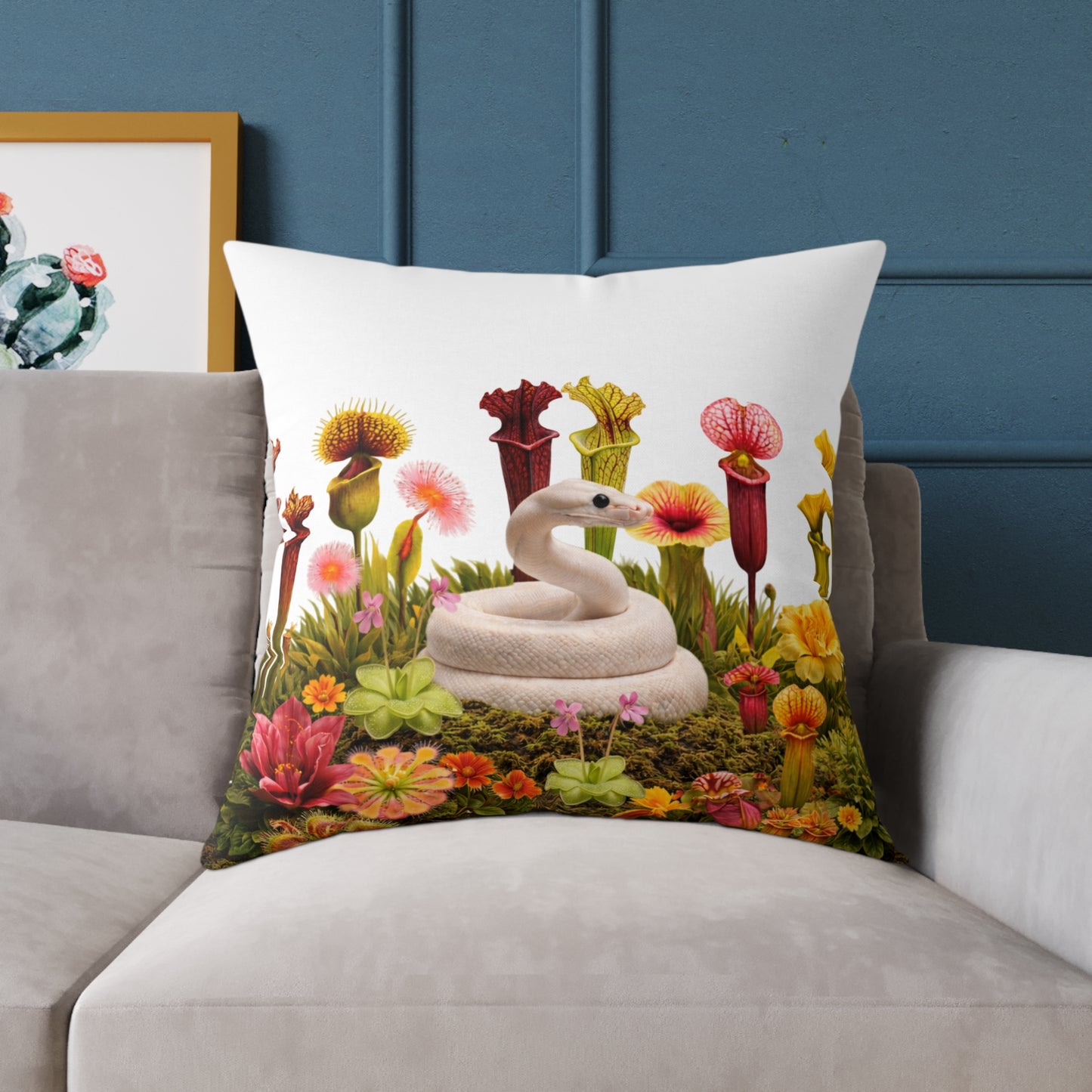 Ball Python & Carnivorous Plants Square Canvas Pillow — Reptile Lover Decorative Throw