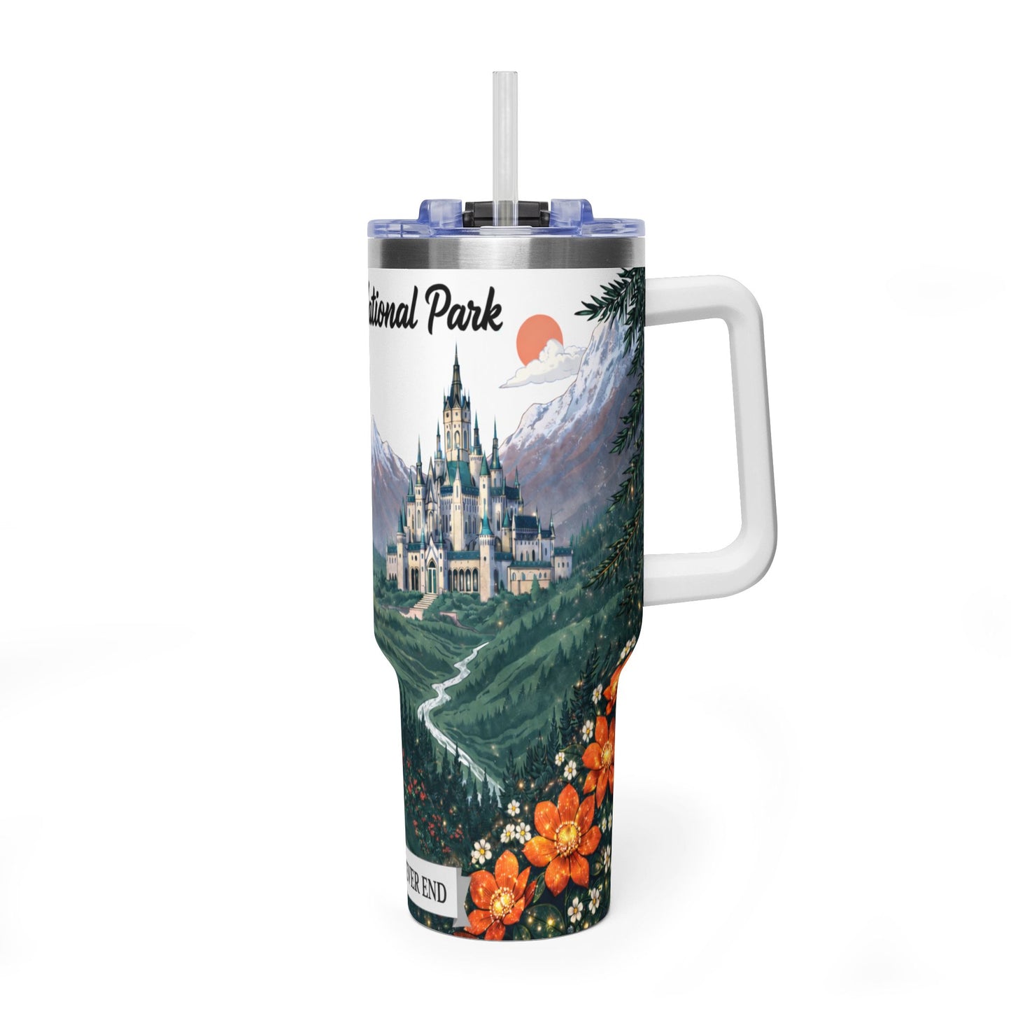 Fireheart National Park 40oz Vacuum Tumbler — White Stag Forest Scene, 'To Whatever End' Reader & Hiker Gift