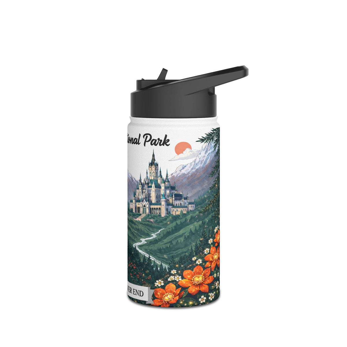 Fantasy Stag Crest & Mountain Scene Stainless Steel Water Bottle — National Park Forest Reader Gift