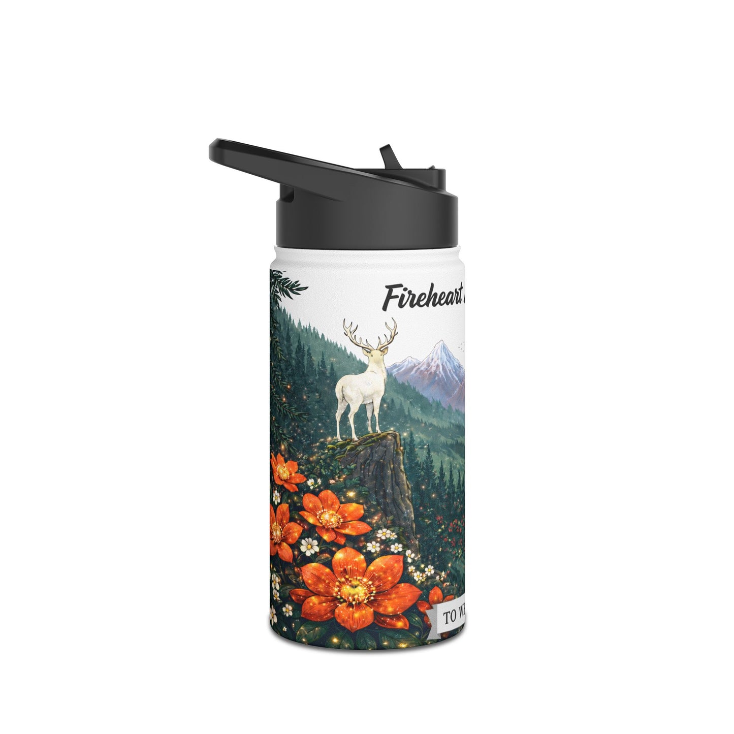 Fantasy Stag Crest & Mountain Scene Stainless Steel Water Bottle — National Park Forest Reader Gift