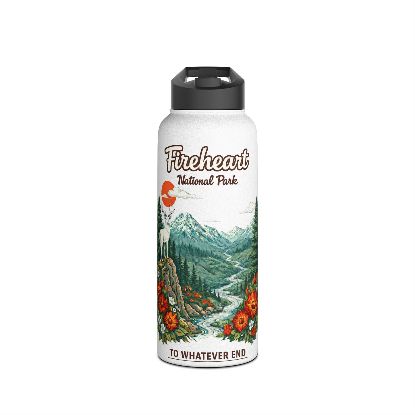Fireheart National Park White Stag Mountain Scene Stainless Steel Water Bottle — National Park Forest Reader Gift