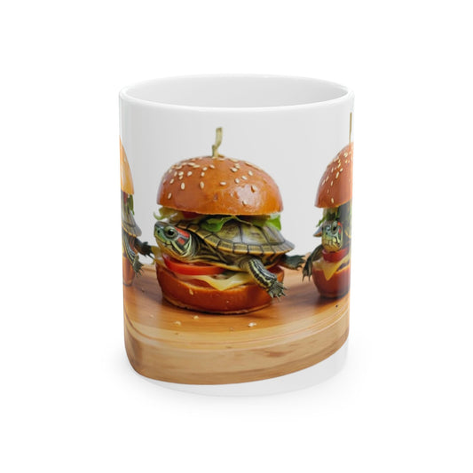 Slider Turtle Burger Ceramic Mug — Funny Reptile Gift Coffee Cup (11oz & 15oz)