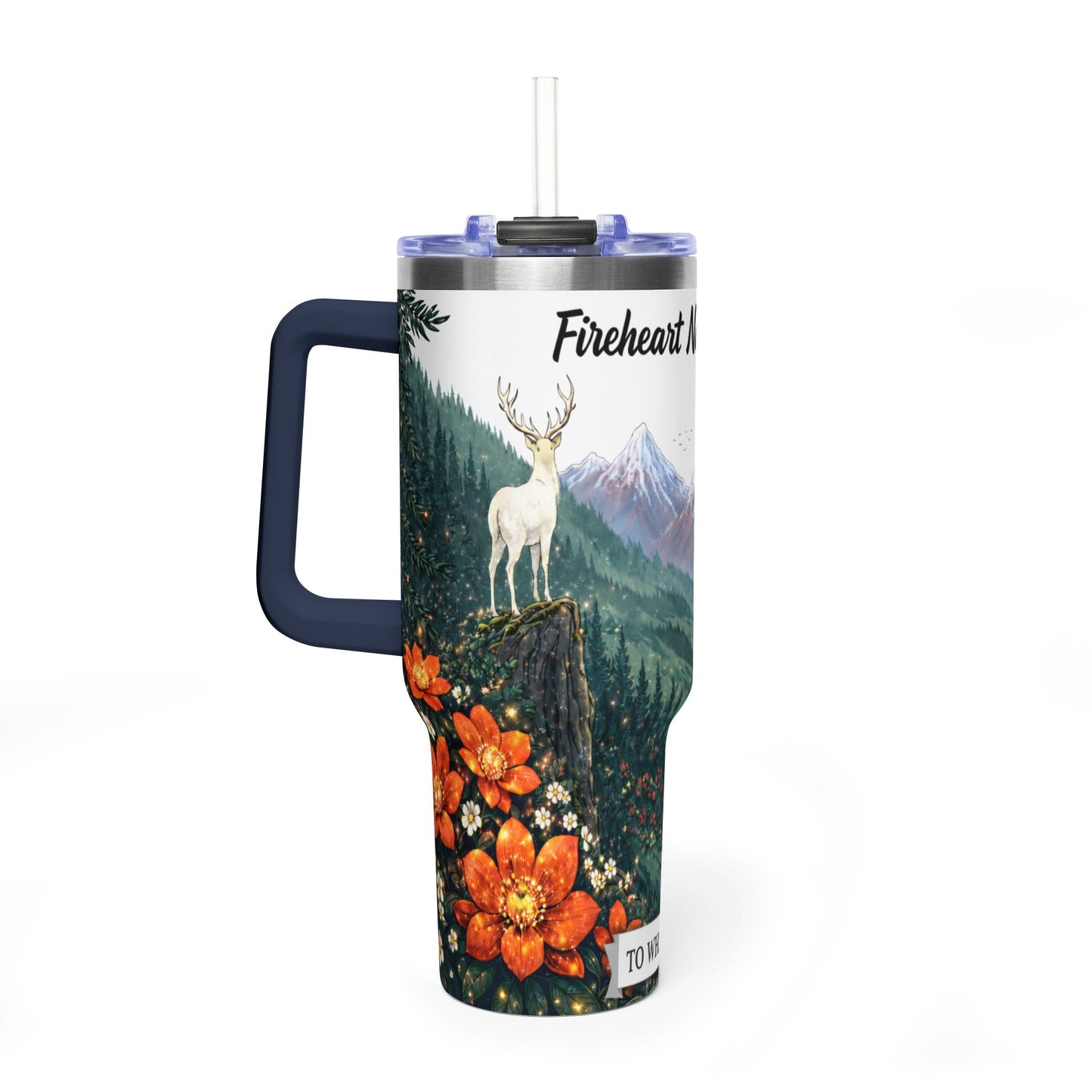 Fireheart National Park 40oz Vacuum Tumbler — White Stag Forest Scene, 'To Whatever End' Reader & Hiker Gift