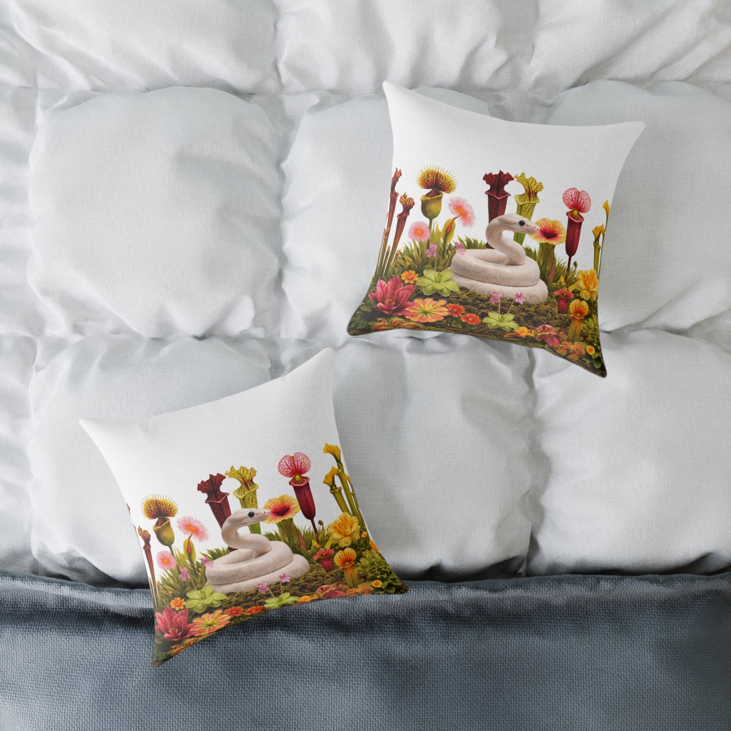 Ball Python & Carnivorous Plants Square Canvas Pillow — Reptile Lover Decorative Throw