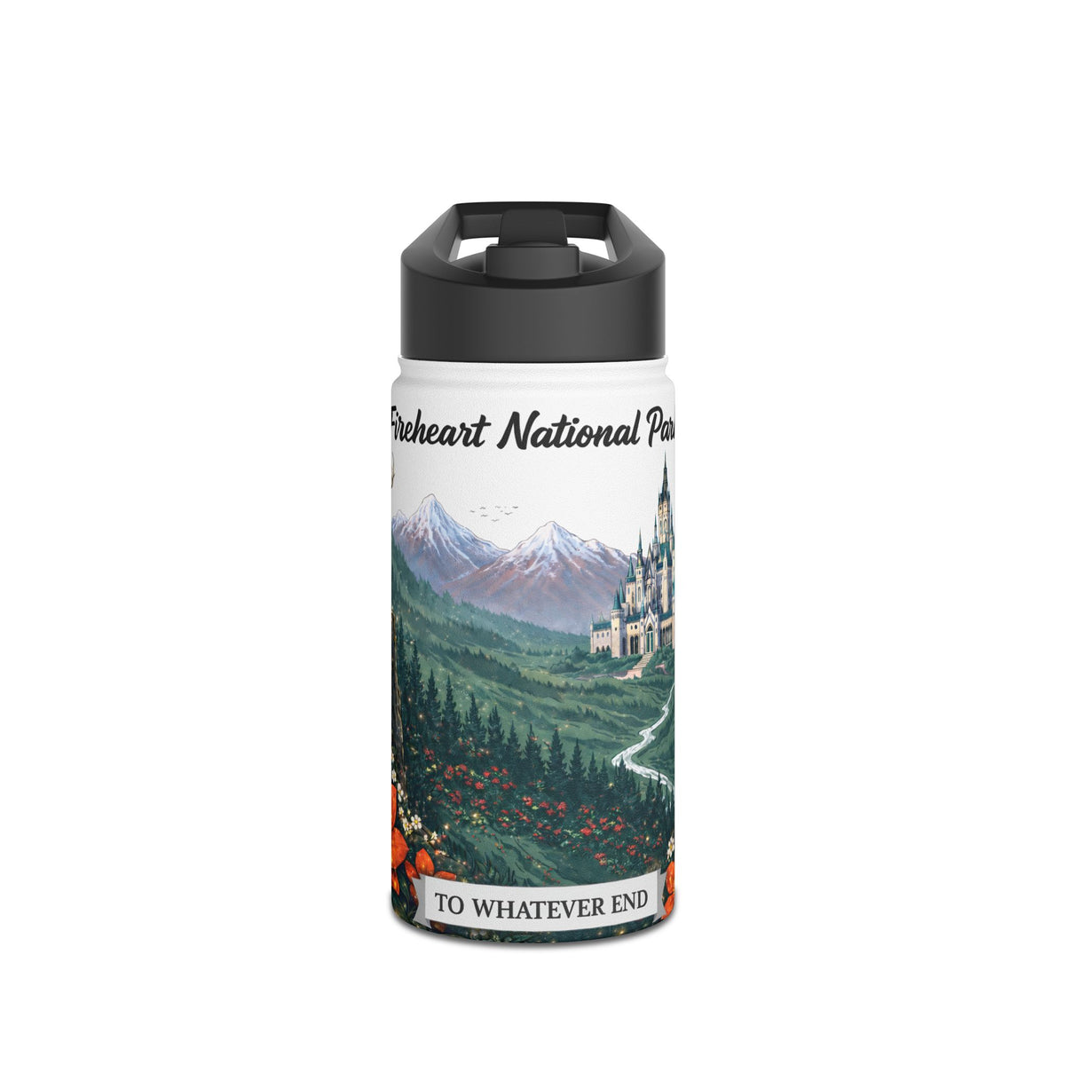 Fantasy Stag Crest & Mountain Scene Stainless Steel Water Bottle — National Park Forest Reader Gift