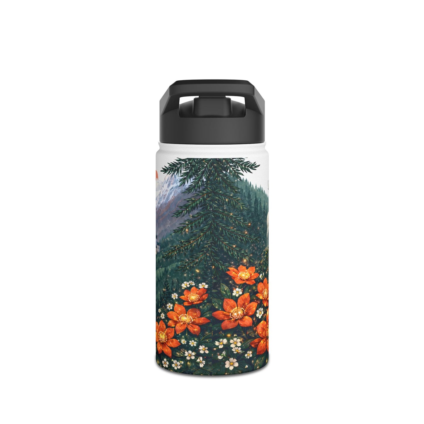 Fantasy Stag Crest & Mountain Scene Stainless Steel Water Bottle — National Park Forest Reader Gift