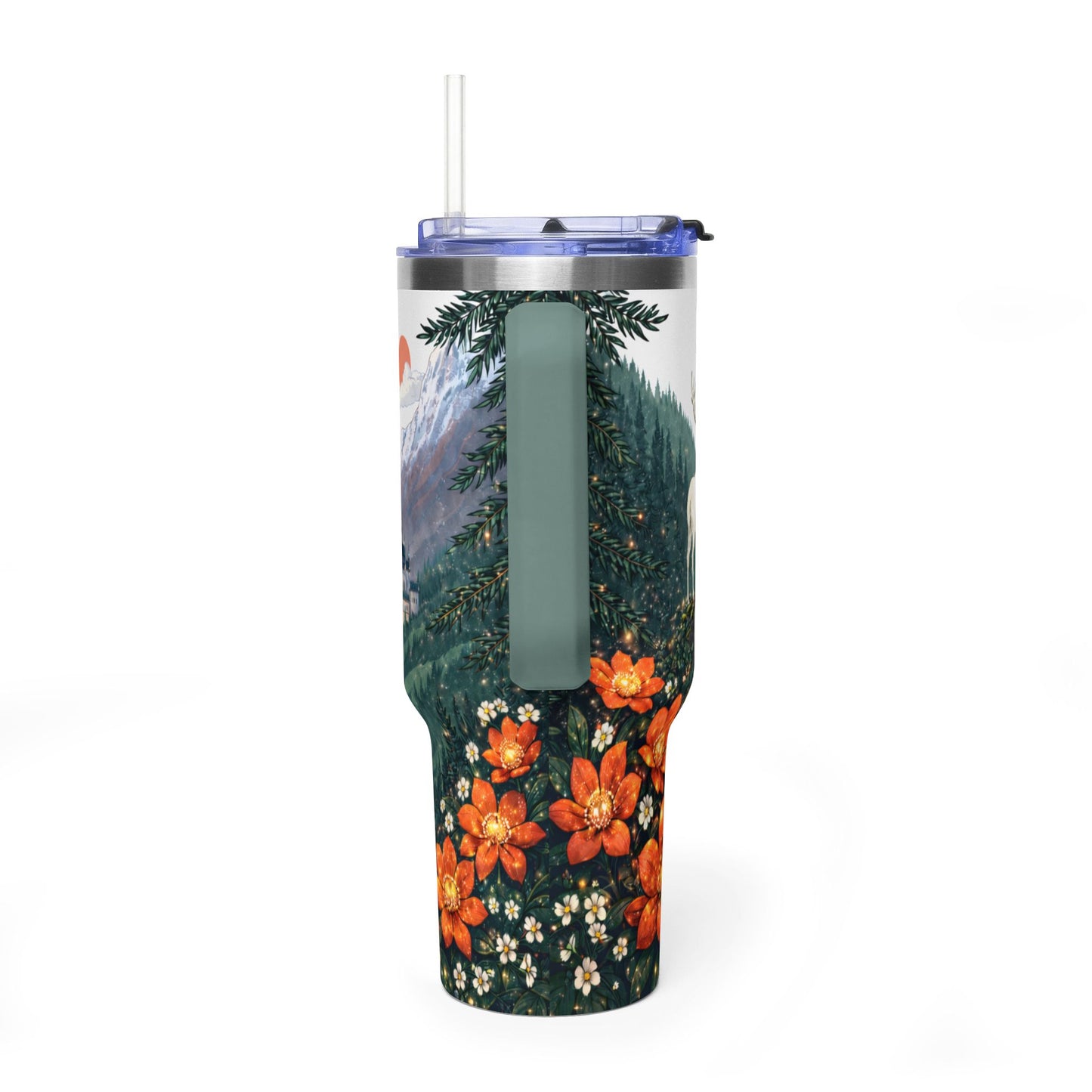 Fireheart National Park 40oz Vacuum Tumbler — White Stag Forest Scene, 'To Whatever End' Reader & Hiker Gift