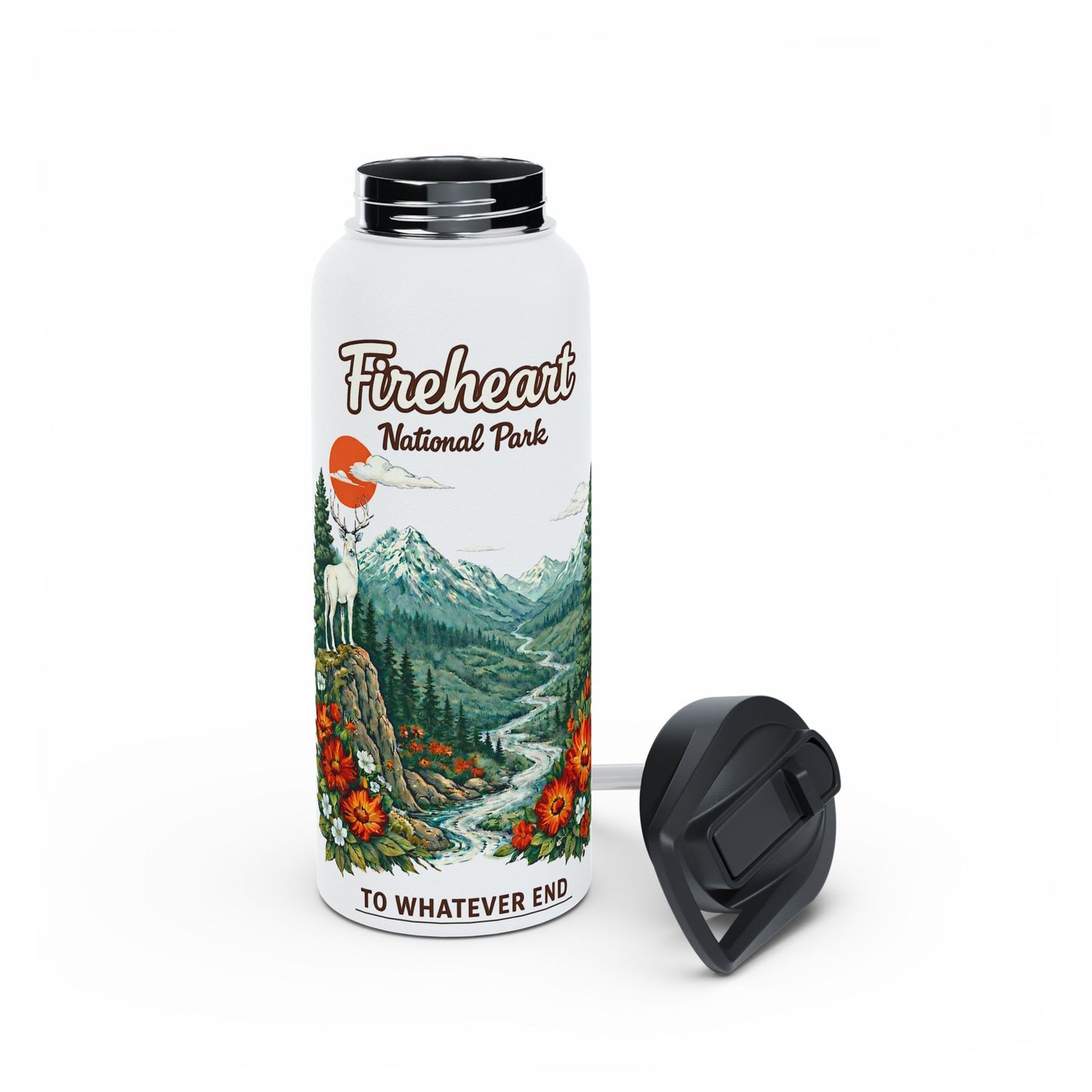 Fireheart National Park White Stag Mountain Scene Stainless Steel Water Bottle — National Park Forest Reader Gift