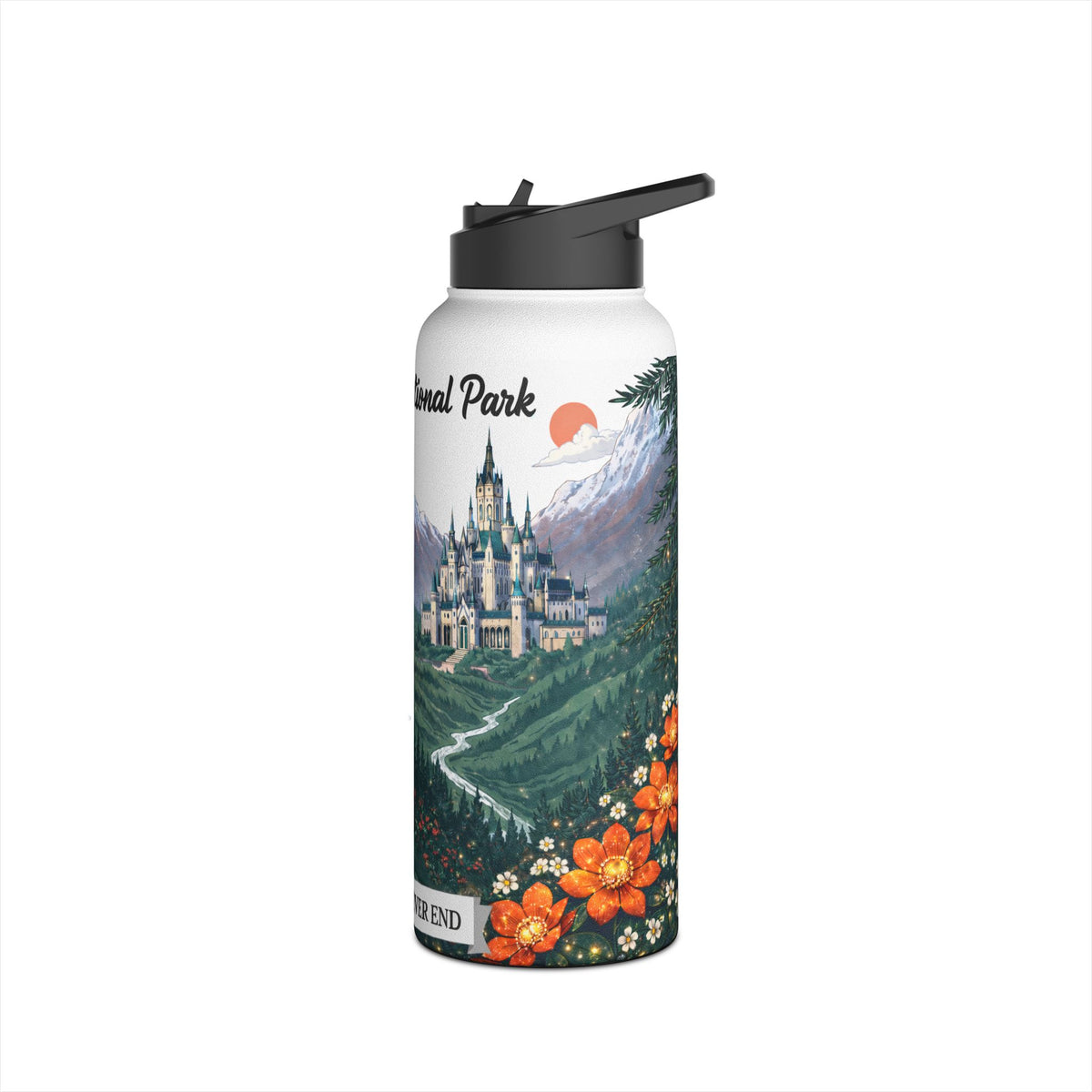 Fantasy Stag Crest & Mountain Scene Stainless Steel Water Bottle — National Park Forest Reader Gift