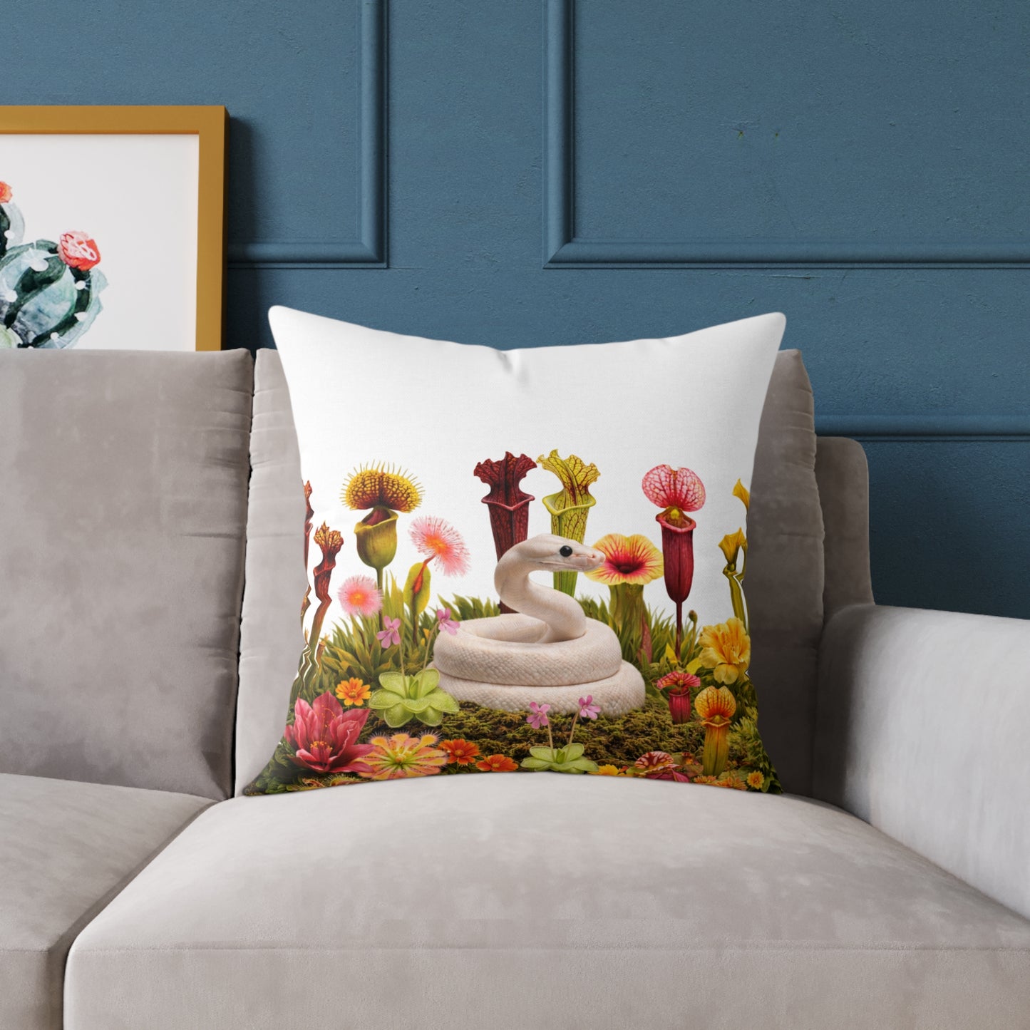 Ball Python & Carnivorous Plants Square Canvas Pillow — Reptile Lover Decorative Throw