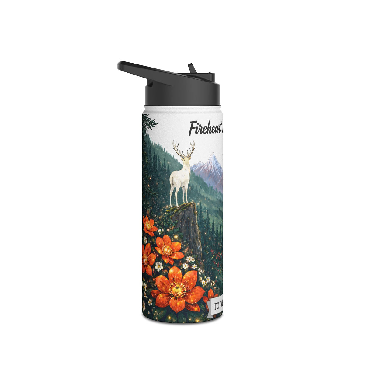 Fantasy Stag Crest & Mountain Scene Stainless Steel Water Bottle — National Park Forest Reader Gift