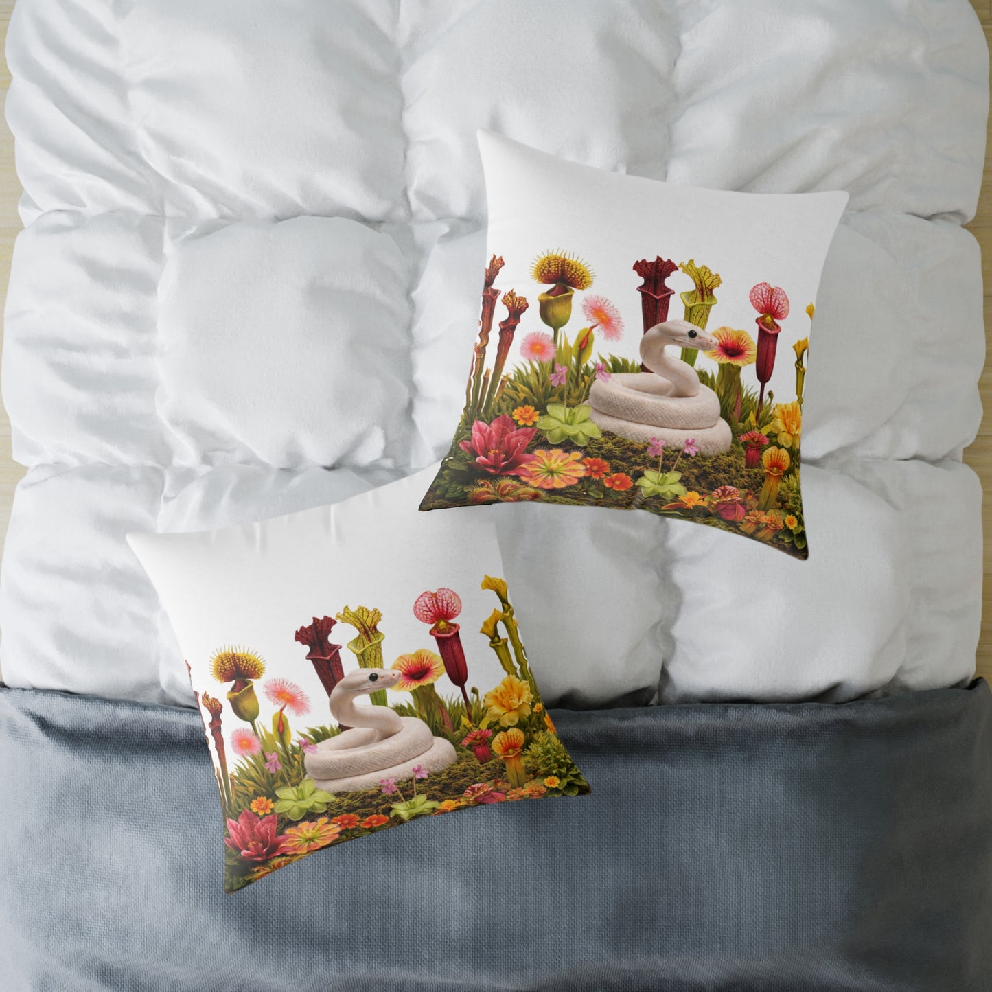 Ball Python & Carnivorous Plants Square Canvas Pillow — Reptile Lover Decorative Throw