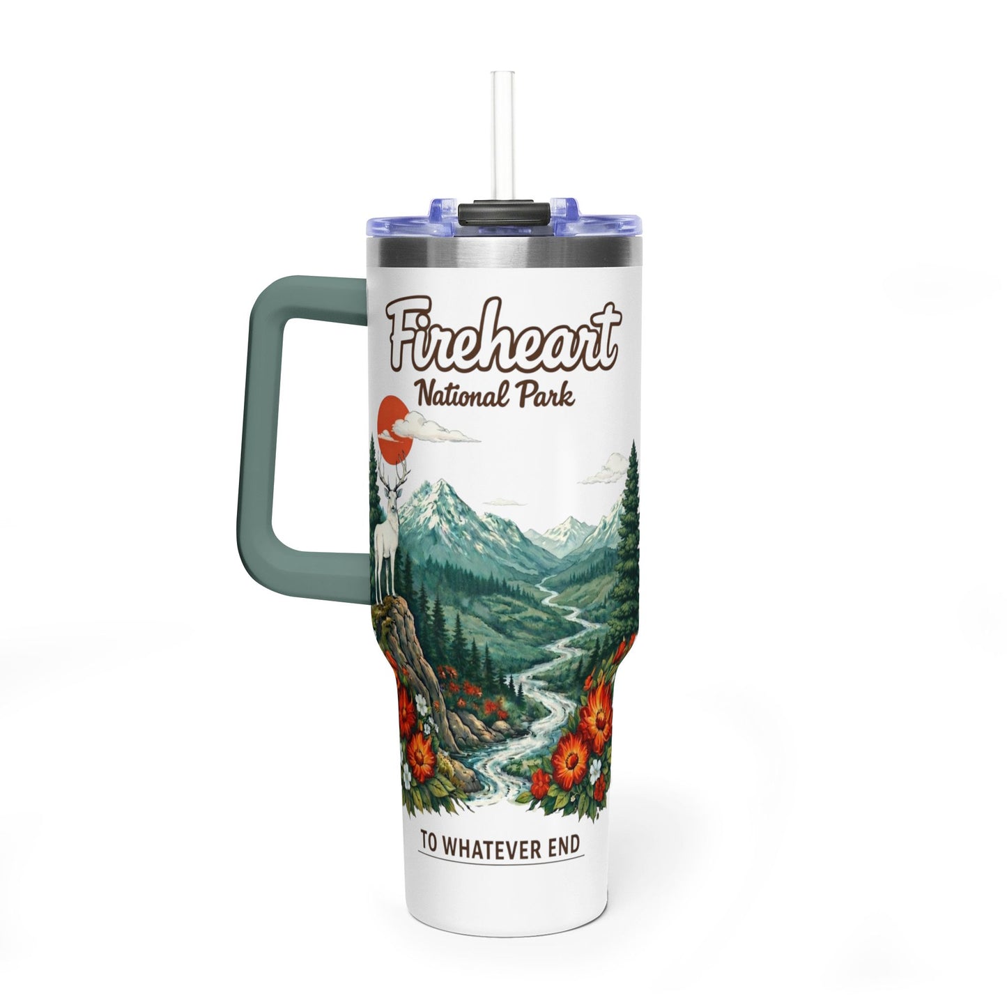 Fireheart National Forest 40oz Vacuum Tumbler — To Whatever End White Stag Design
