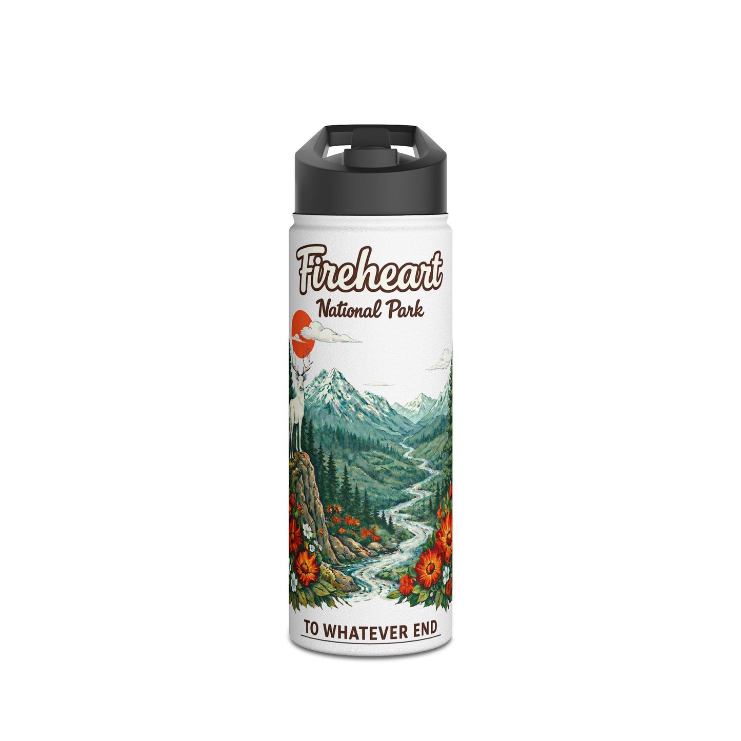 Fireheart National Park White Stag Mountain Scene Stainless Steel Water Bottle — National Park Forest Reader Gift