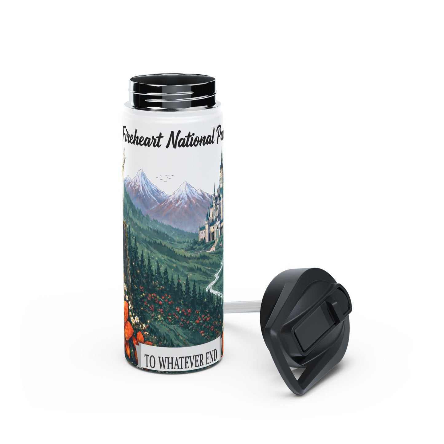 Fantasy Stag Crest & Mountain Scene Stainless Steel Water Bottle — National Park Forest Reader Gift