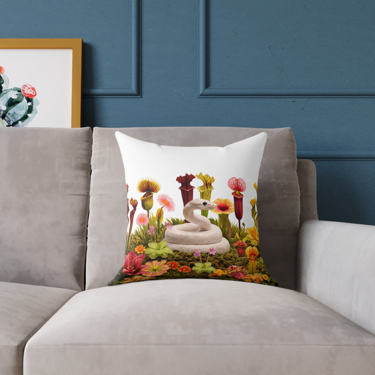 Ball Python & Carnivorous Plants Square Canvas Pillow — Reptile Lover Decorative Throw
