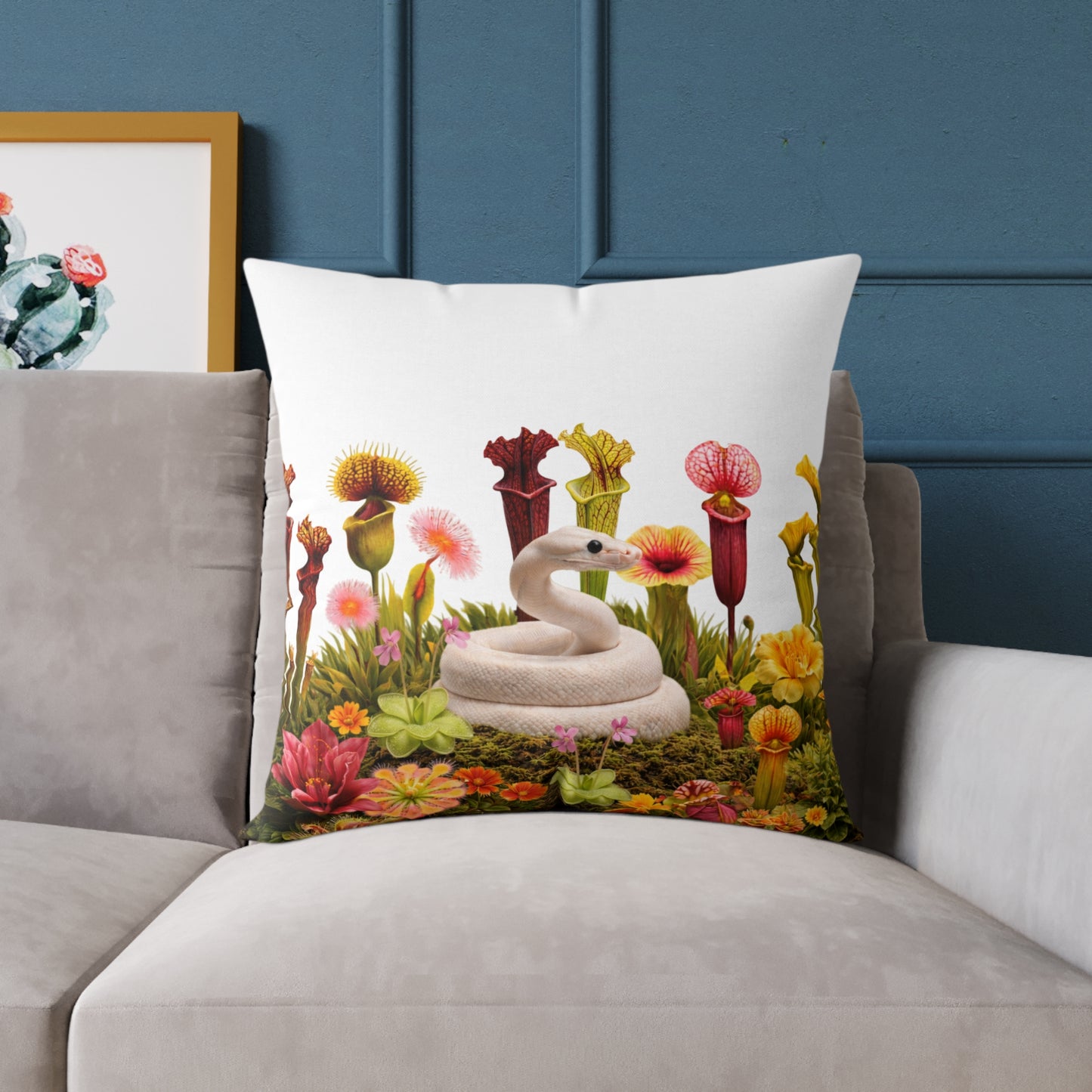 Ball Python & Carnivorous Plants Square Canvas Pillow — Reptile Lover Decorative Throw