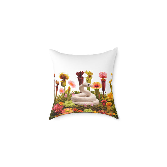 Ball Python & Carnivorous Plants Square Canvas Pillow — Reptile Lover Decorative Throw