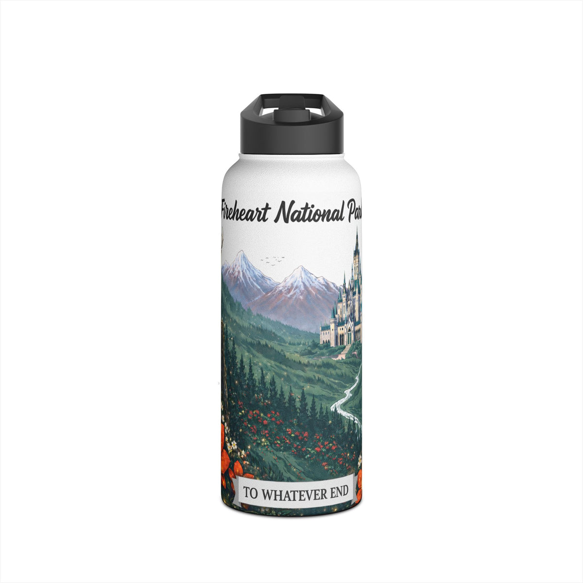 Fantasy Stag Crest & Mountain Scene Stainless Steel Water Bottle — National Park Forest Reader Gift