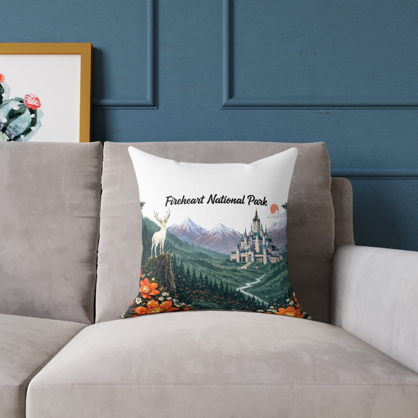 Fireheart National Park Square Canvas Pillow — White Stag & Ember Flower Fantasy Landscape Hiker & Reader Gift
