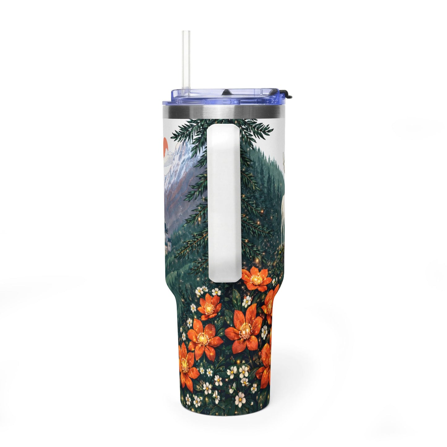 Fireheart National Park 40oz Vacuum Tumbler — White Stag Forest Scene, 'To Whatever End' Reader & Hiker Gift