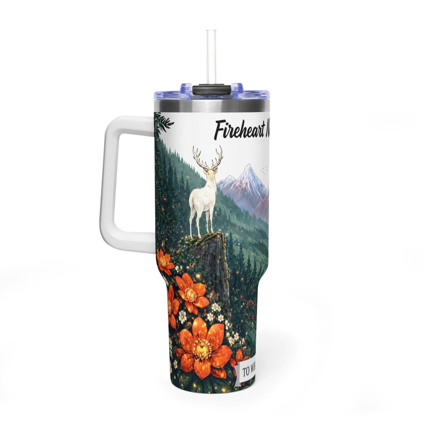 Fireheart National Park 40oz Vacuum Tumbler — White Stag Forest Scene, 'To Whatever End' Reader & Hiker Gift