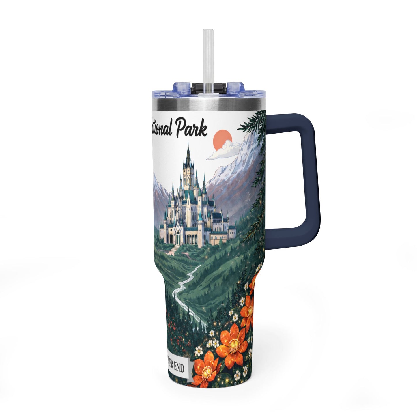 Fireheart National Park 40oz Vacuum Tumbler — White Stag Forest Scene, 'To Whatever End' Reader & Hiker Gift