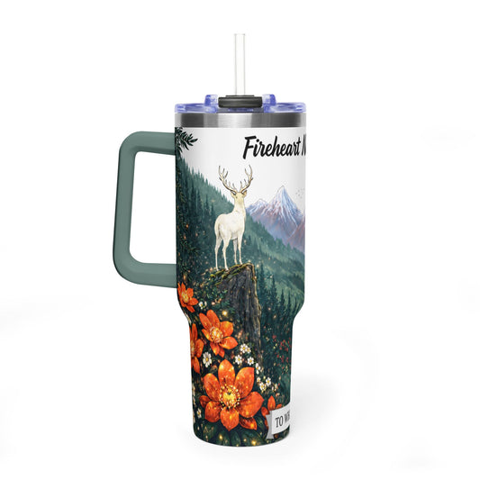 Fireheart National Park 40oz Vacuum Tumbler — White Stag Forest Scene, 'To Whatever End' Reader & Hiker Gift