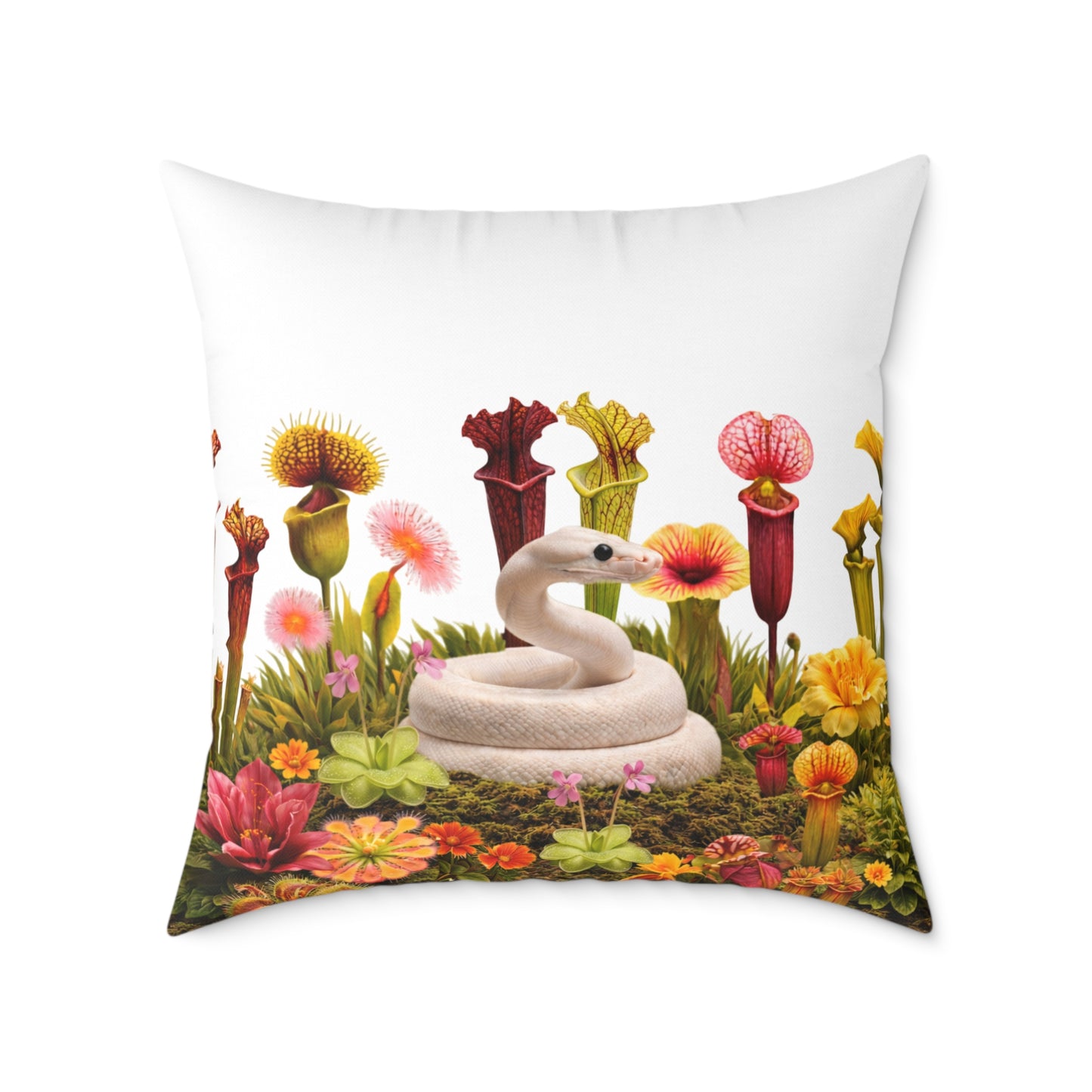 Ball Python & Carnivorous Plants Square Canvas Pillow — Reptile Lover Decorative Throw