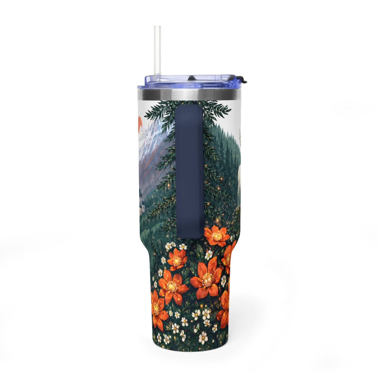 Fireheart National Park 40oz Vacuum Tumbler — White Stag Forest Scene, 'To Whatever End' Reader & Hiker Gift