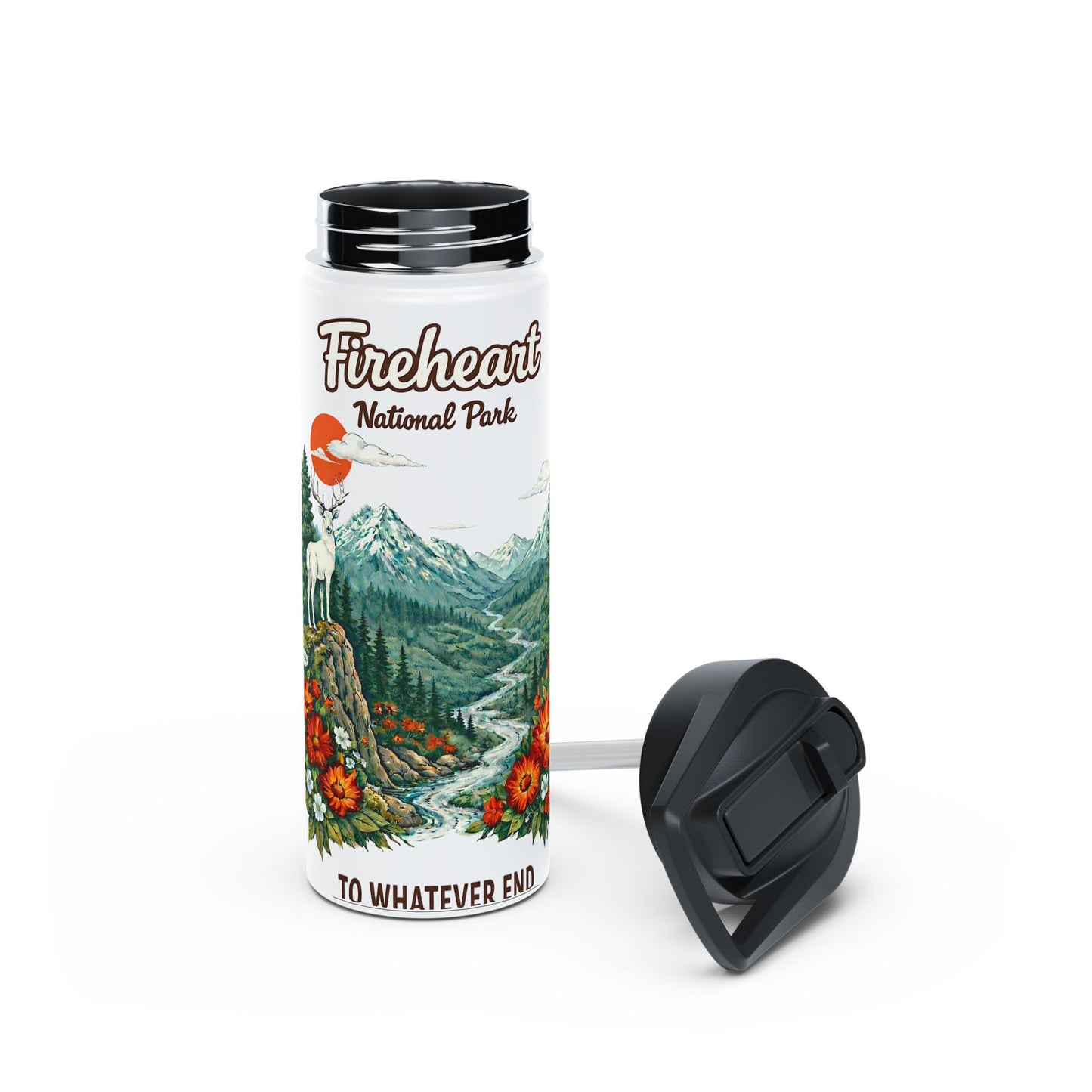 Fireheart National Park White Stag Mountain Scene Stainless Steel Water Bottle — National Park Forest Reader Gift