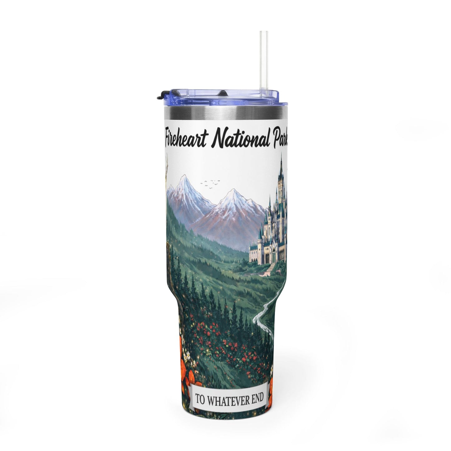 Fireheart National Park 40oz Vacuum Tumbler — White Stag Forest Scene, 'To Whatever End' Reader & Hiker Gift