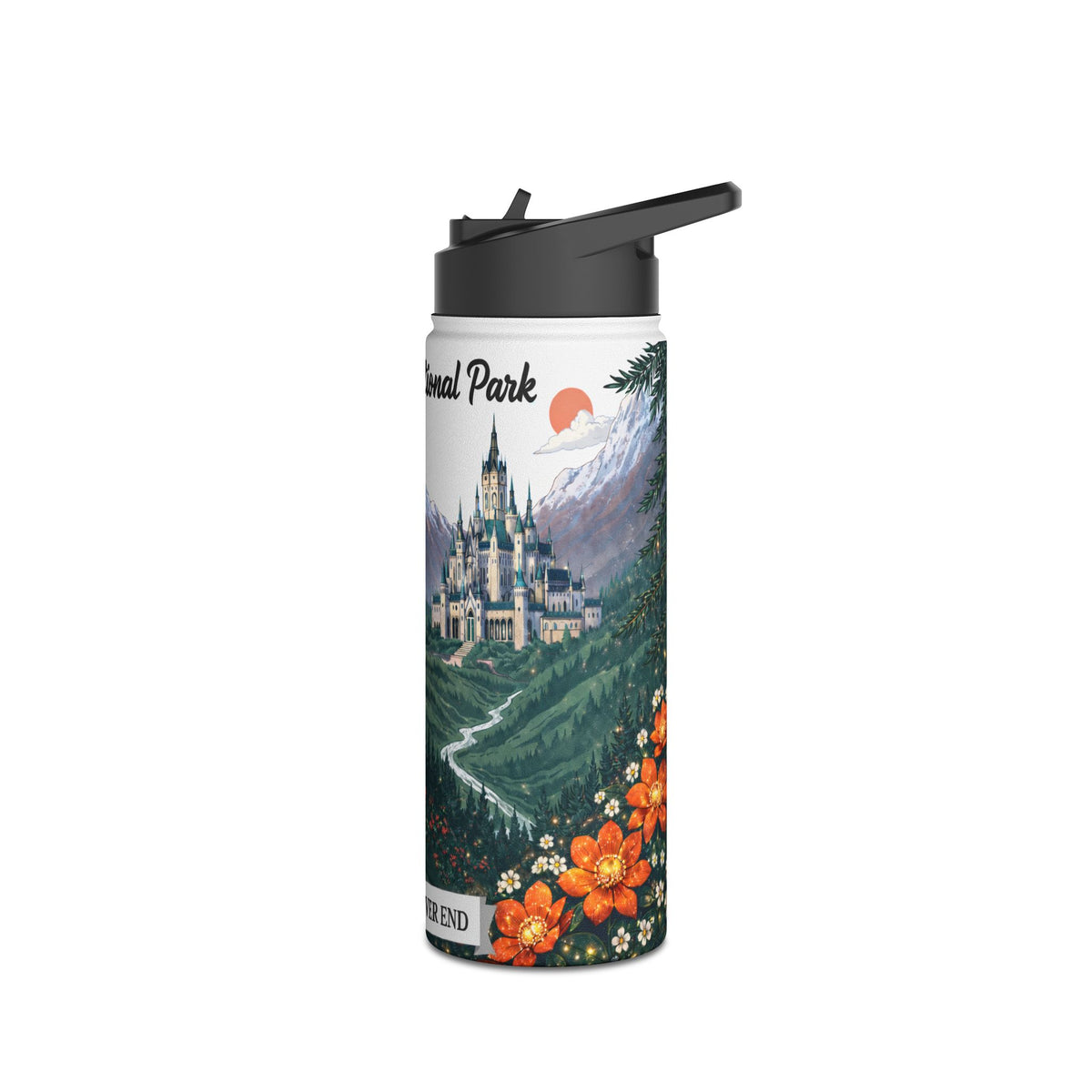 Fantasy Stag Crest & Mountain Scene Stainless Steel Water Bottle — National Park Forest Reader Gift