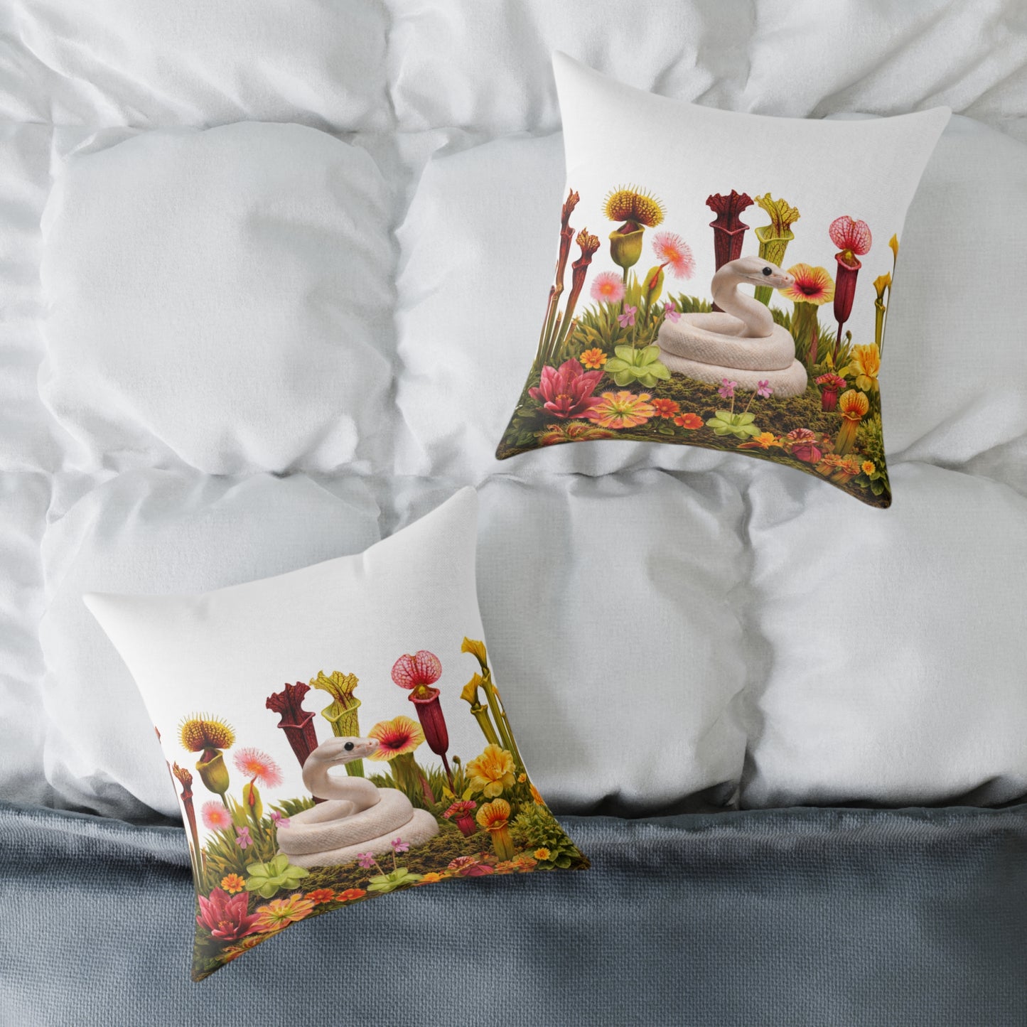Ball Python & Carnivorous Plants Square Canvas Pillow — Reptile Lover Decorative Throw