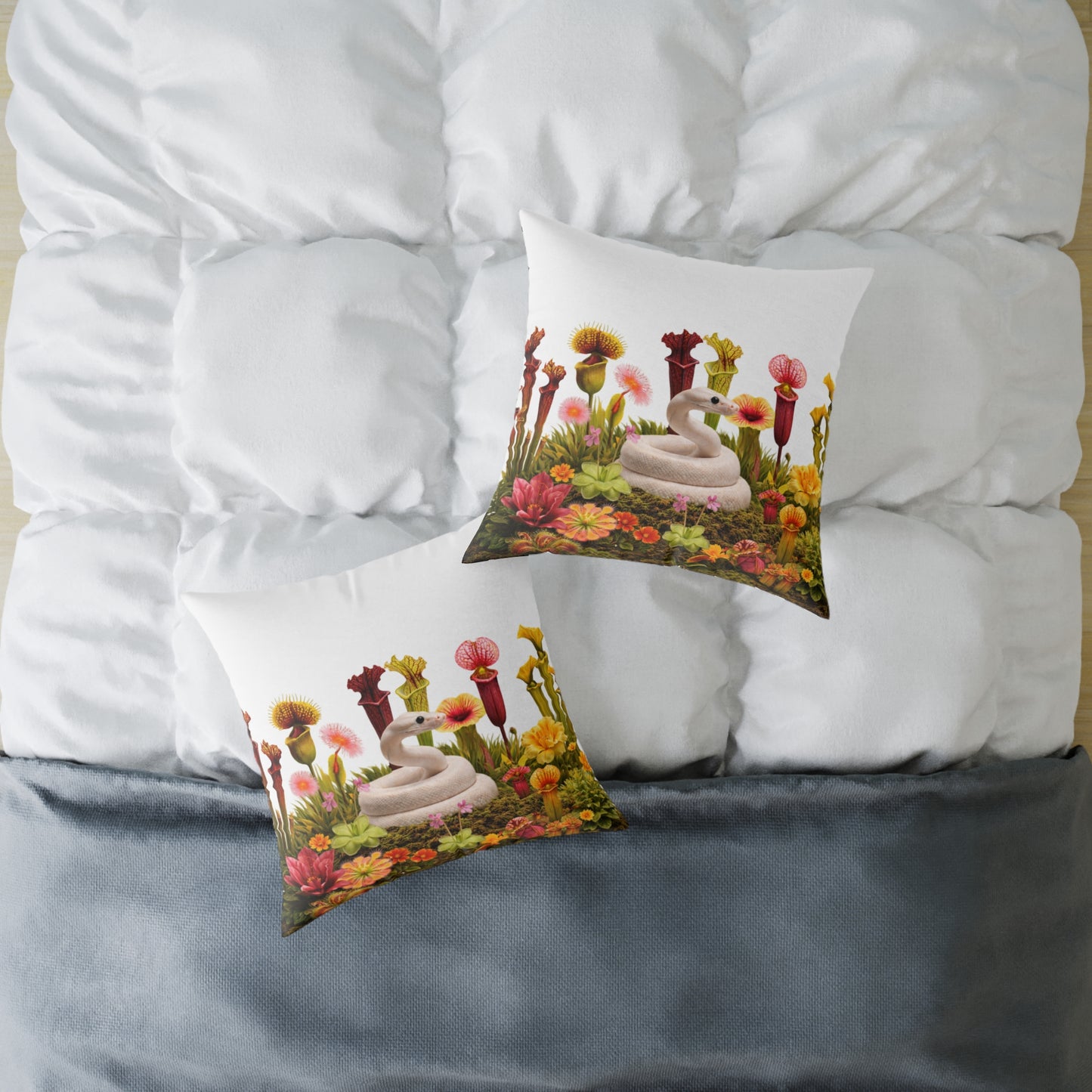 Ball Python & Carnivorous Plants Square Canvas Pillow — Reptile Lover Decorative Throw