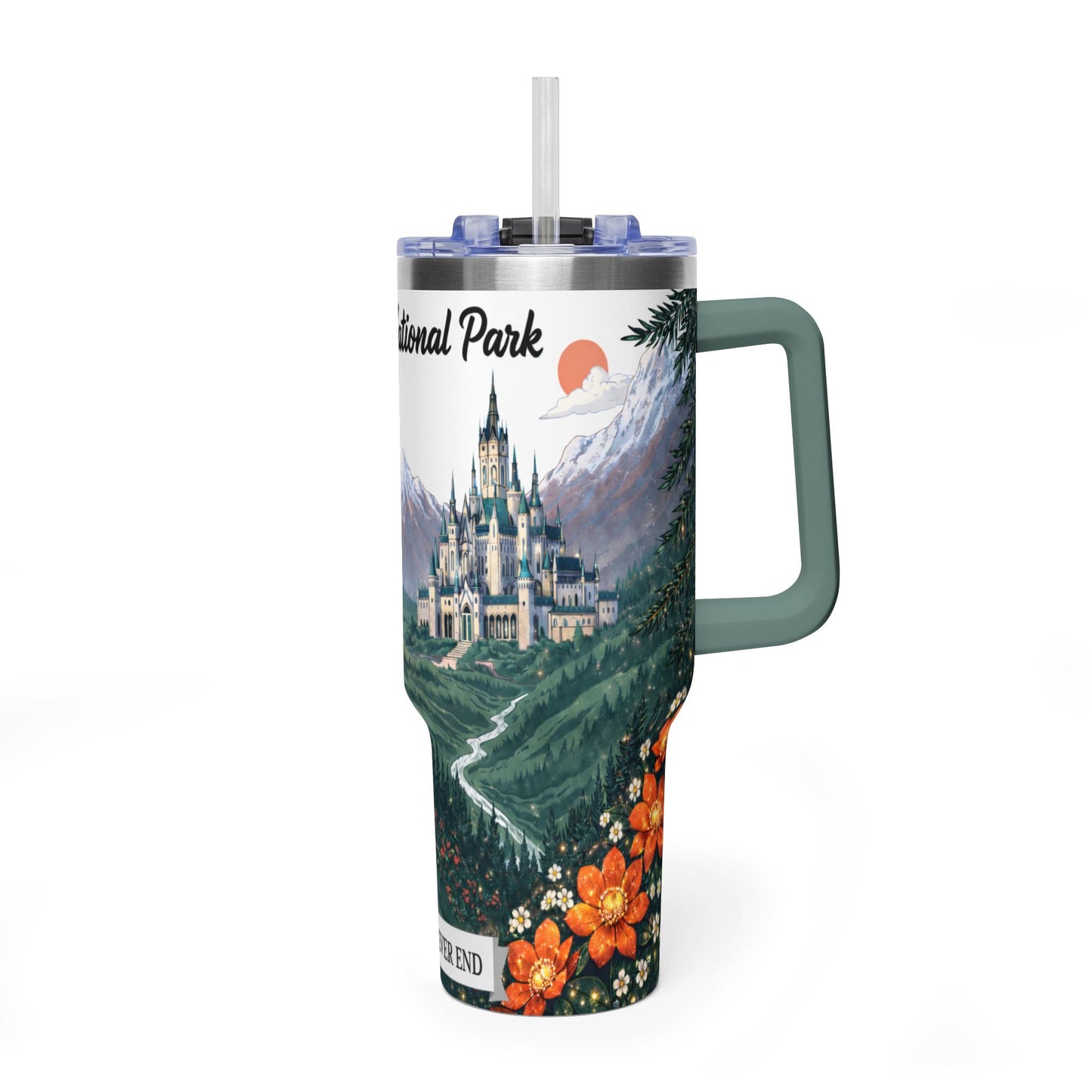 Fireheart National Park 40oz Vacuum Tumbler — White Stag Forest Scene, 'To Whatever End' Reader & Hiker Gift