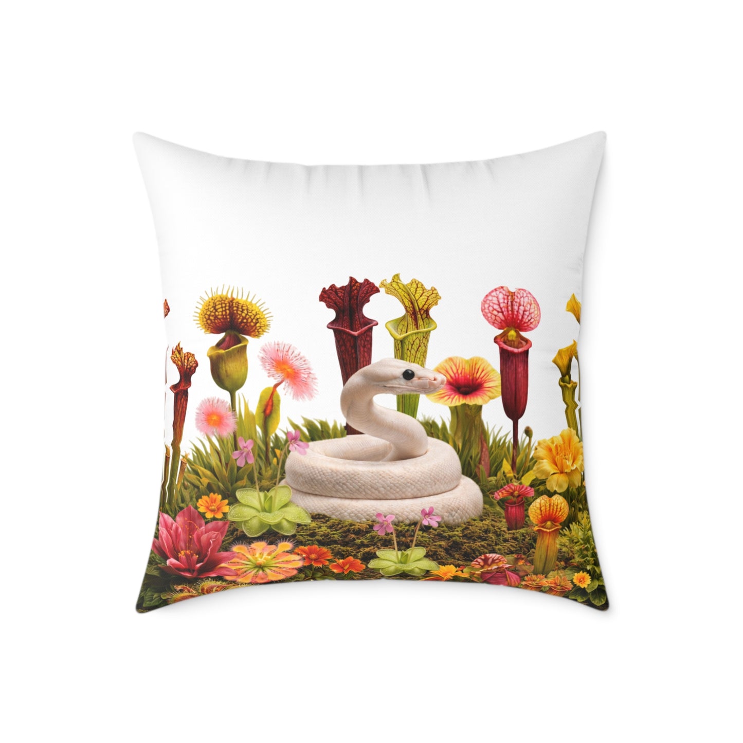Ball Python & Carnivorous Plants Square Canvas Pillow — Reptile Lover Decorative Throw