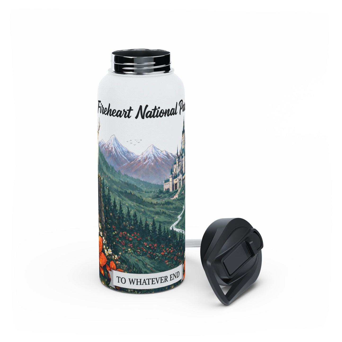 Fantasy Stag Crest & Mountain Scene Stainless Steel Water Bottle — National Park Forest Reader Gift