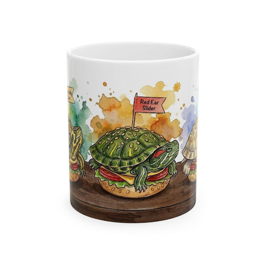 Slider Turtle Burgers Ceramic Mug — Pun Coffee Cup (11oz & 15oz) Reptile Gift