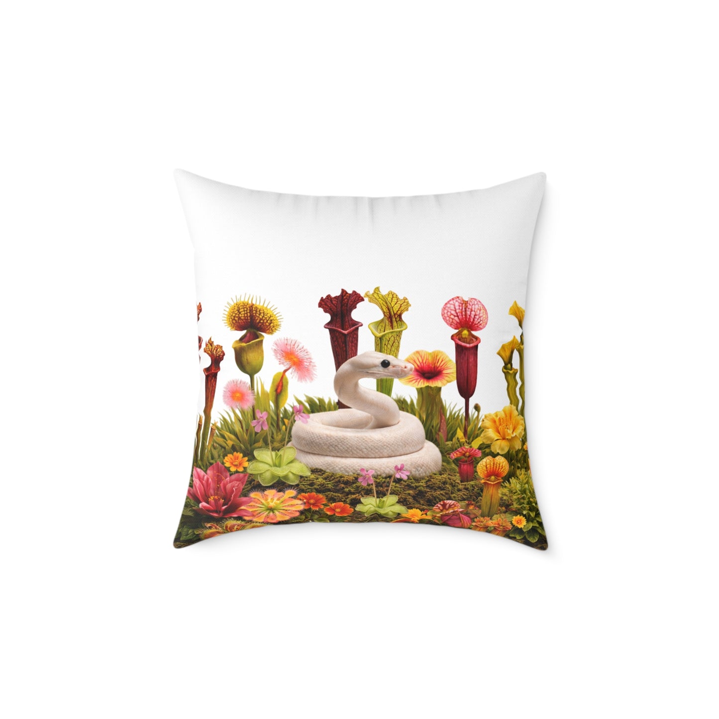 Ball Python & Carnivorous Plants Square Canvas Pillow — Reptile Lover Decorative Throw