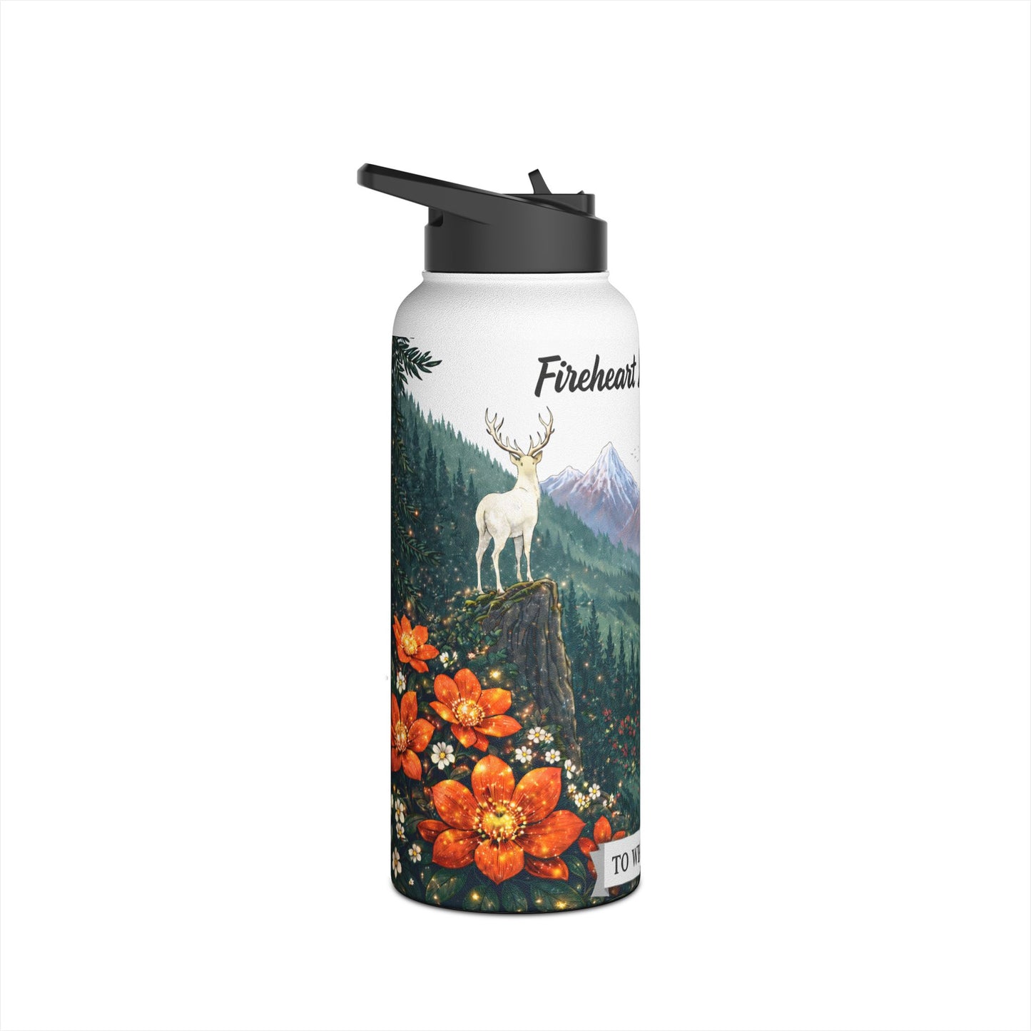 Fantasy Stag Crest & Mountain Scene Stainless Steel Water Bottle — National Park Forest Reader Gift