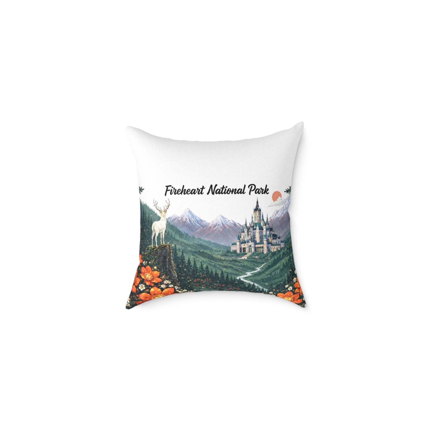 Fireheart National Park Square Canvas Pillow — White Stag & Ember Flower Fantasy Landscape Hiker & Reader Gift