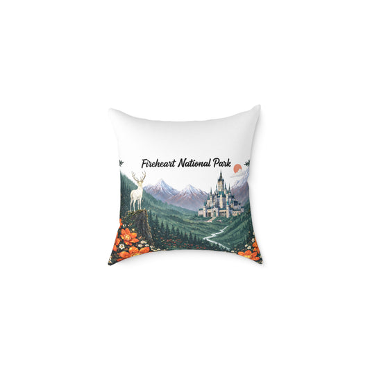 Fireheart National Park Square Canvas Pillow — White Stag & Ember Flower Fantasy Landscape Hiker & Reader Gift