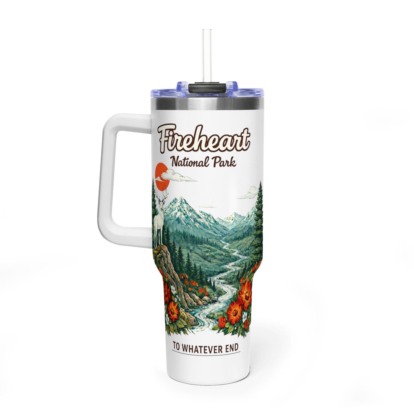 Fireheart National Forest 40oz Vacuum Tumbler — To Whatever End White Stag Design