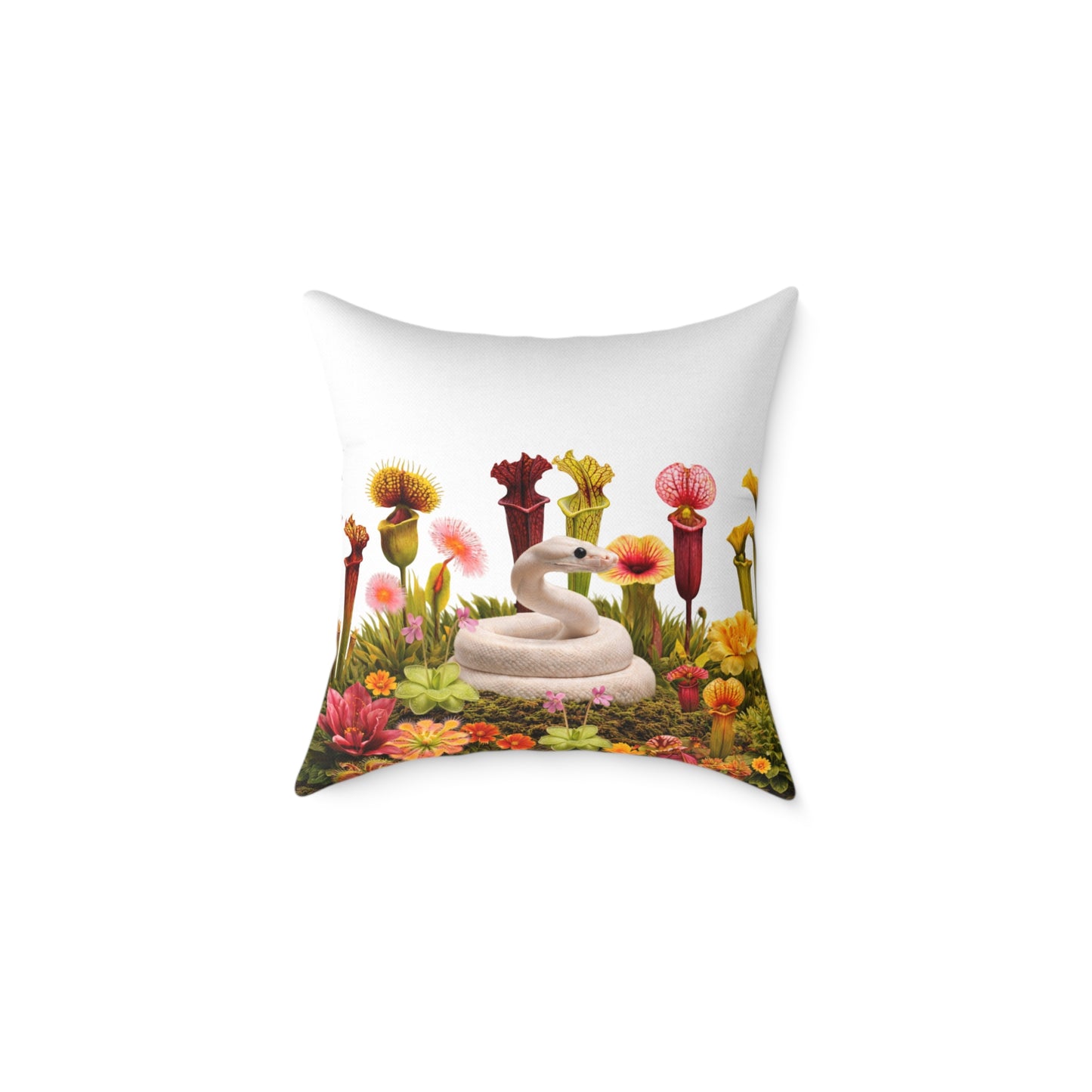 Ball Python & Carnivorous Plants Square Canvas Pillow — Reptile Lover Decorative Throw